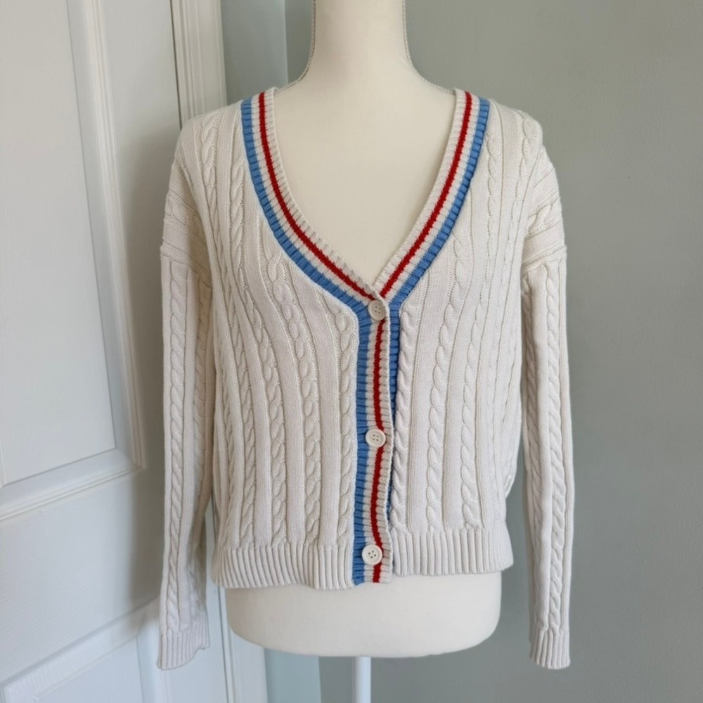 Prince Pickleball Cable Knit Cardigan Sweater Red Blue Trim Women's Size L VNeck - Picture 2 of 15